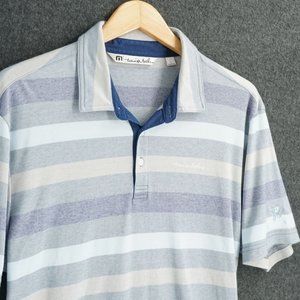 Travis Mathew Mens Polo Shirt Short Sleeve Gray Blue Striped Pima Cotton Large